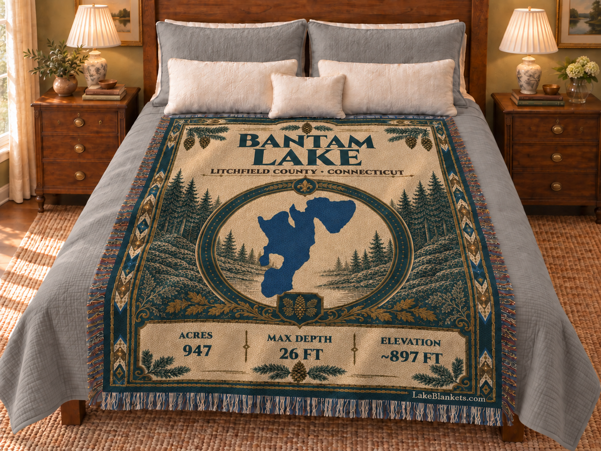 Bantam Lake Woven Heritage blanket displayed on a bed
