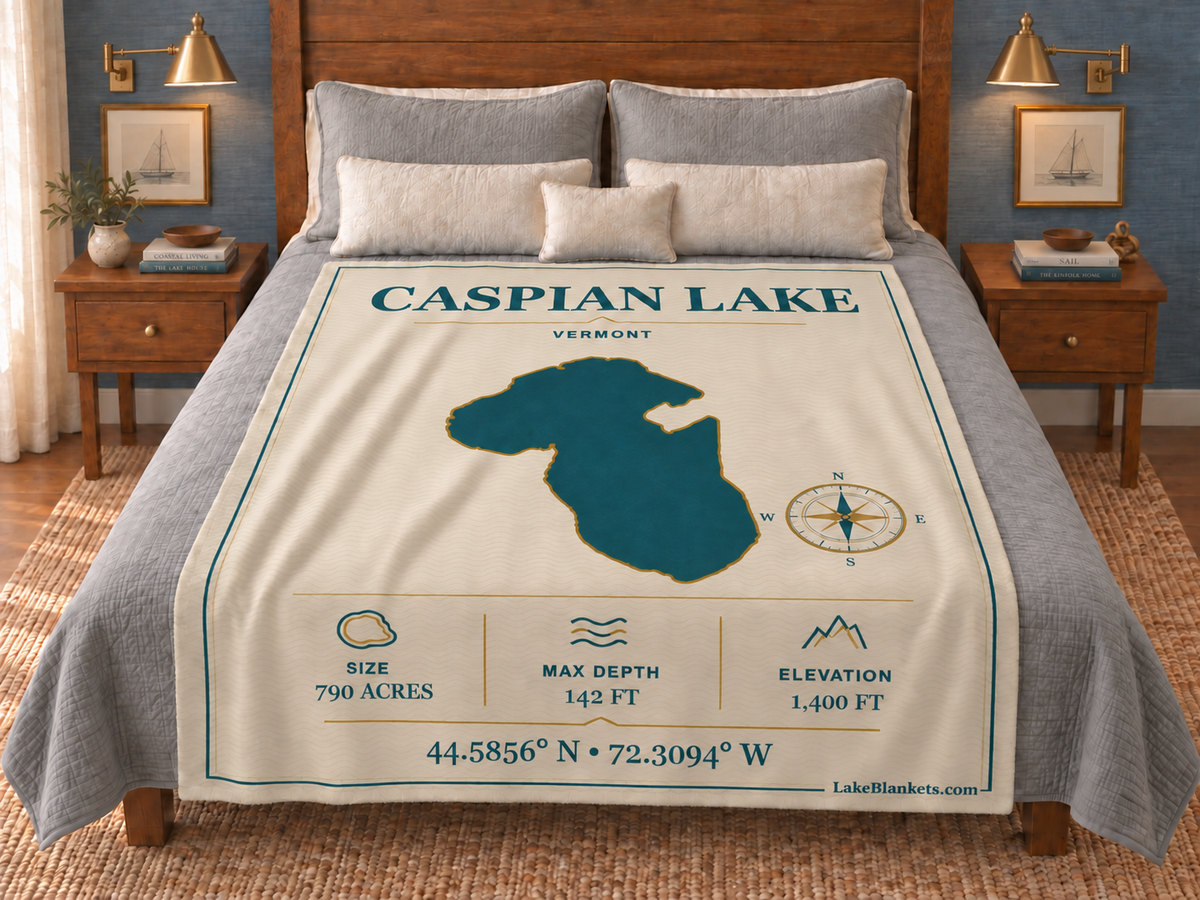 Caspian Lake Minimalist Navigation blanket displayed on a bed