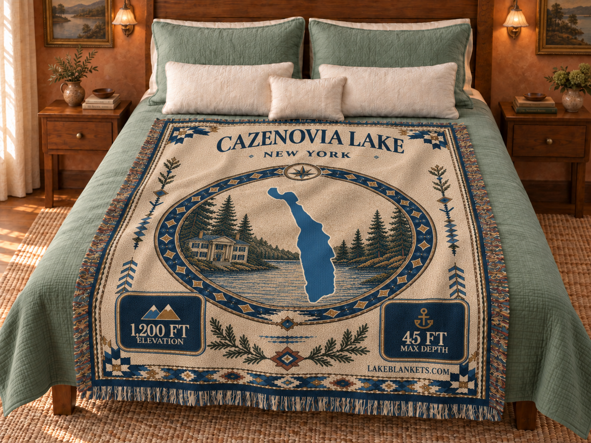 Cazenovia Lake Woven Landmark Medallion blanket displayed on a bed