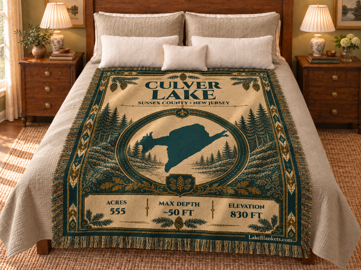 Culver Lake Woven Heritage blanket displayed on a bed