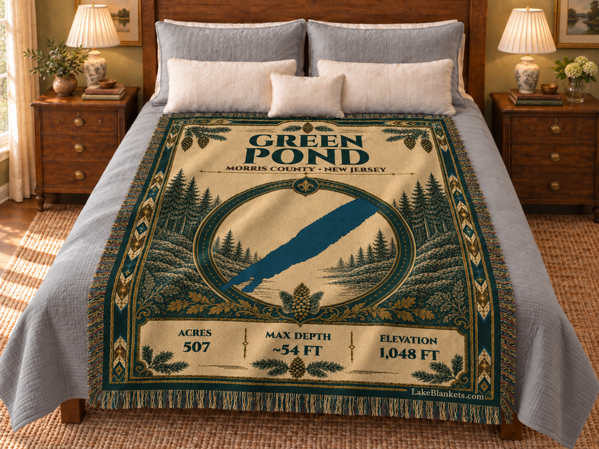Green Pond Woven Heritage blanket displayed on a bed