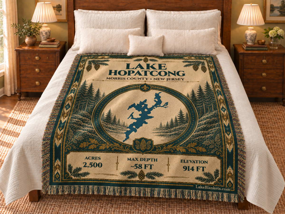 Lake Hopatcong Woven Heritage blanket displayed on a bed