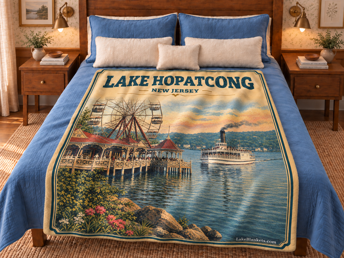 Lake Hopatcong Photoesc blanket displayed on a bed