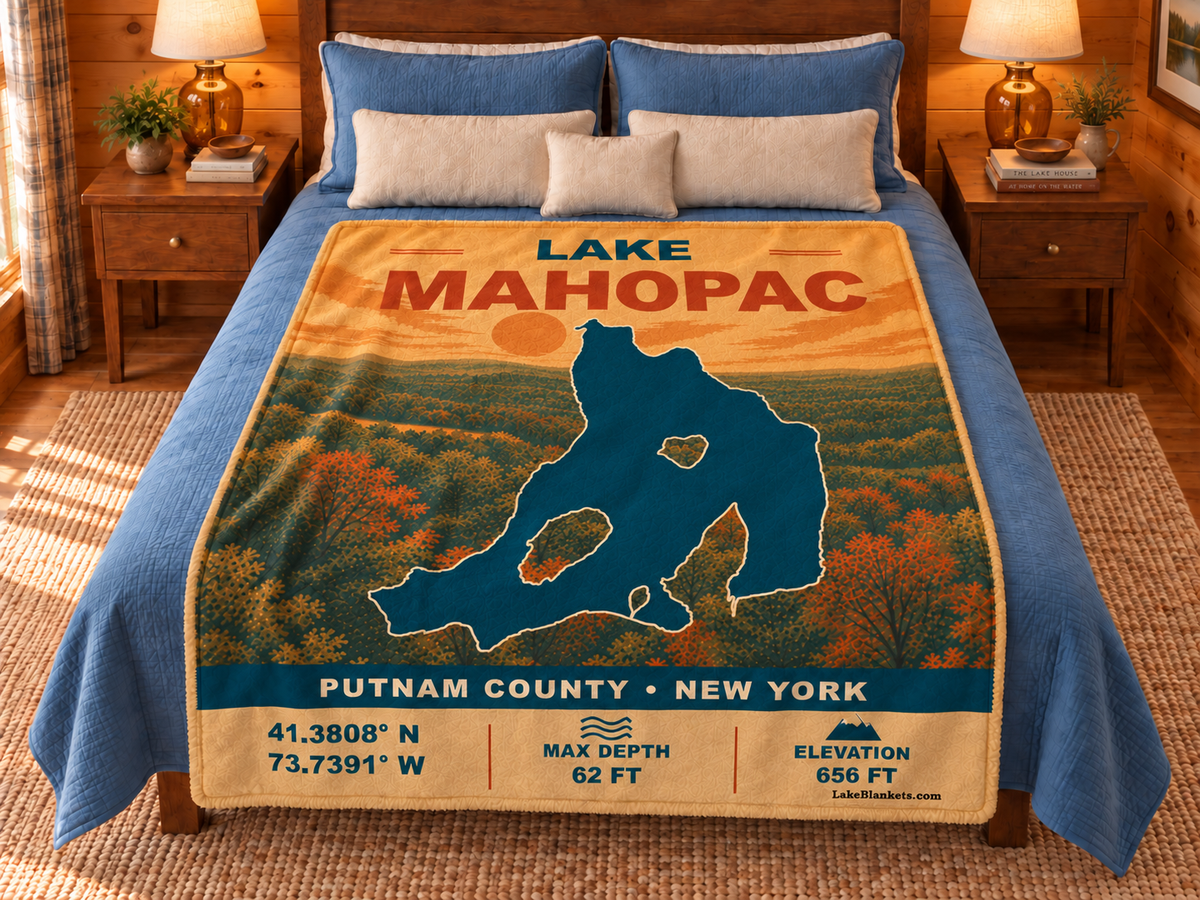 Lake Mahopac Vintage blanket displayed on a bed