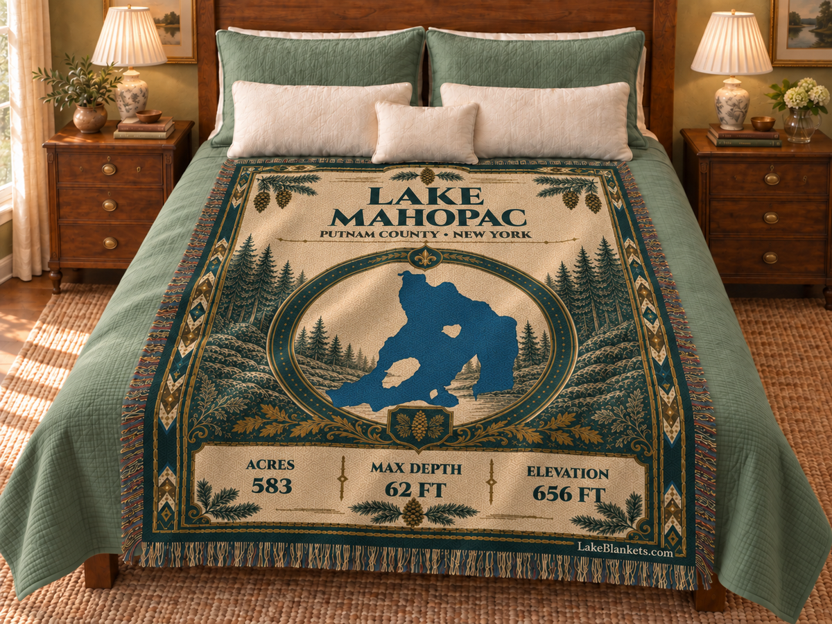 Lake Mahopac Woven Heritage blanket displayed on a bed