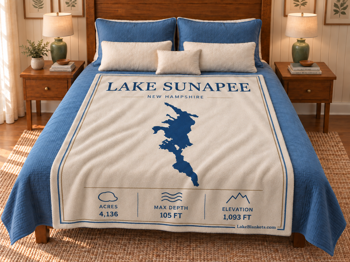 Lake Sunapee Minimalist blanket displayed on a bed