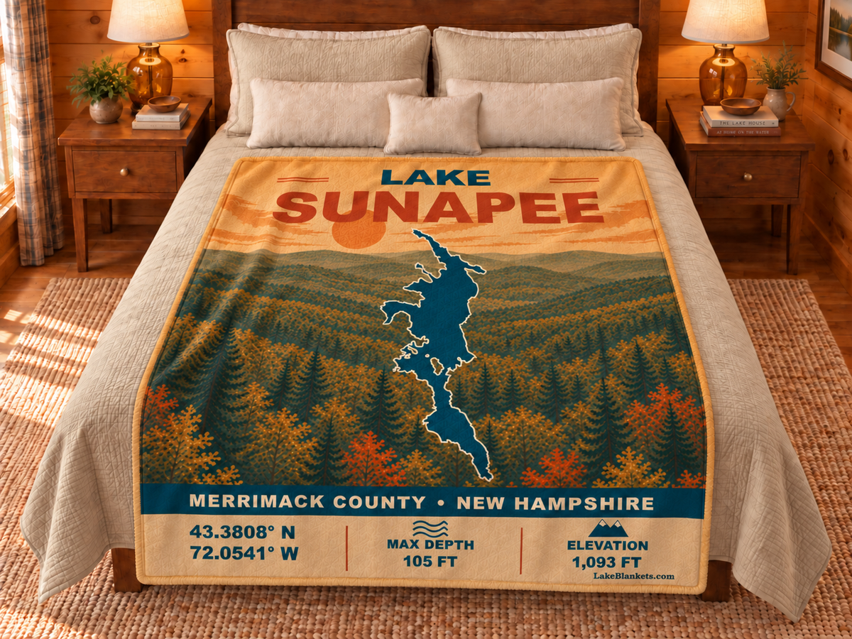 Lake Sunapee Vintage blanket displayed on a bed