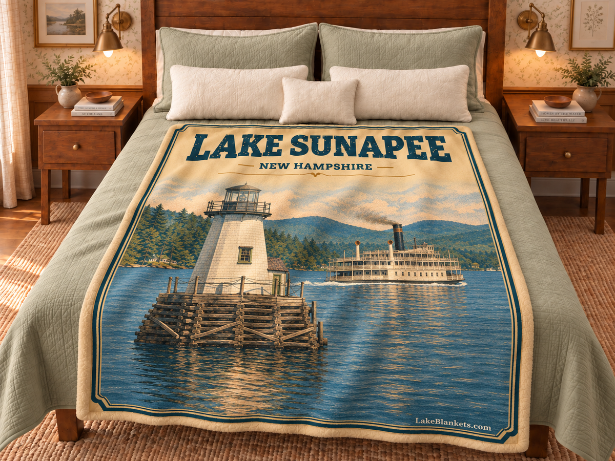 Lake Sunapee Photoesc blanket displayed on a bed