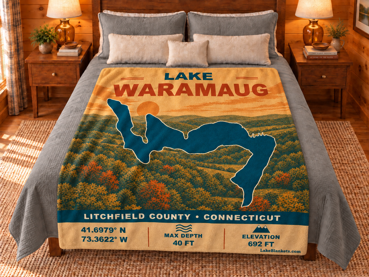 Lake Waramaug Vintage blanket displayed on a bed