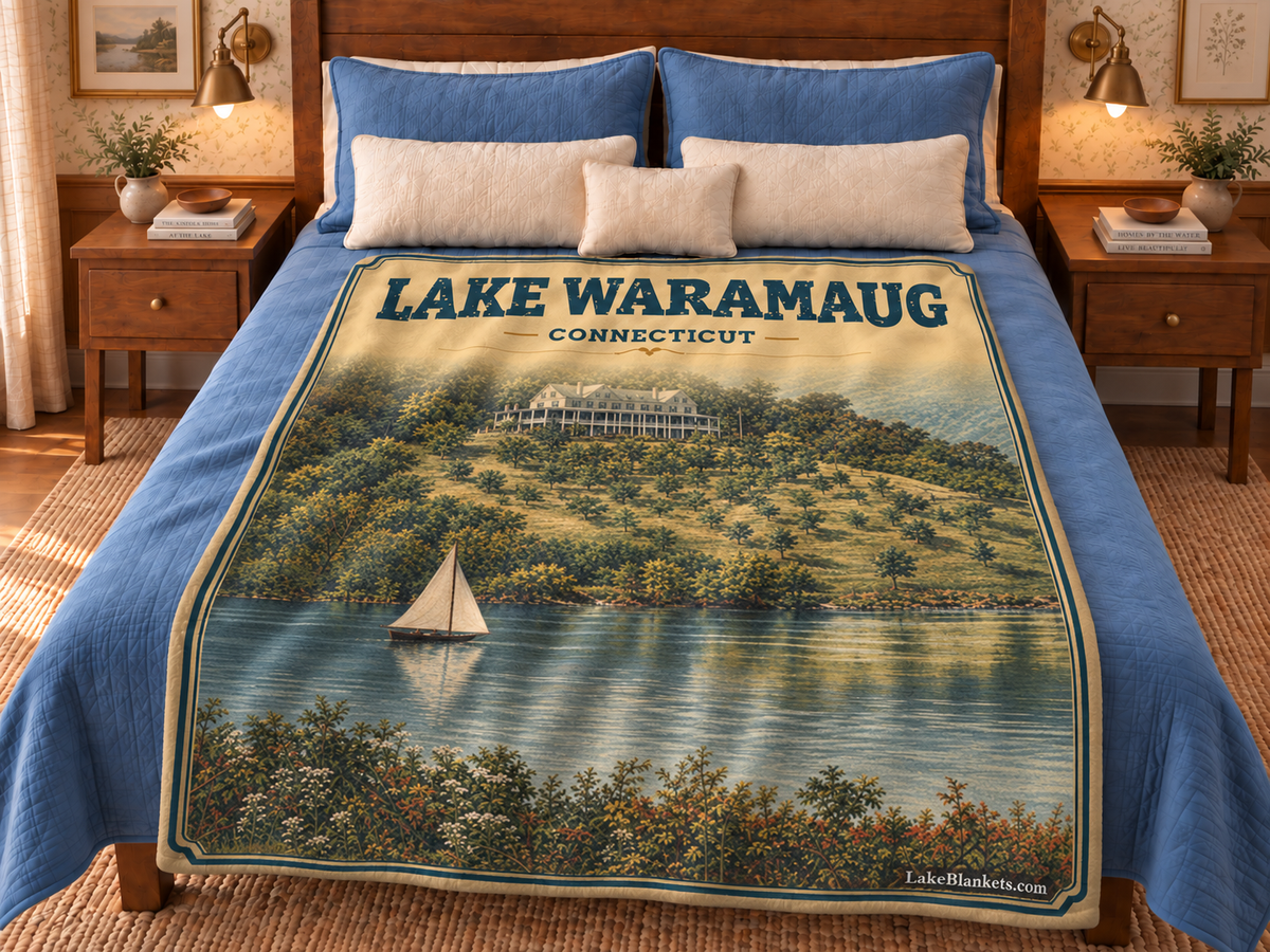 Lake Waramaug Photoesc blanket displayed on a bed