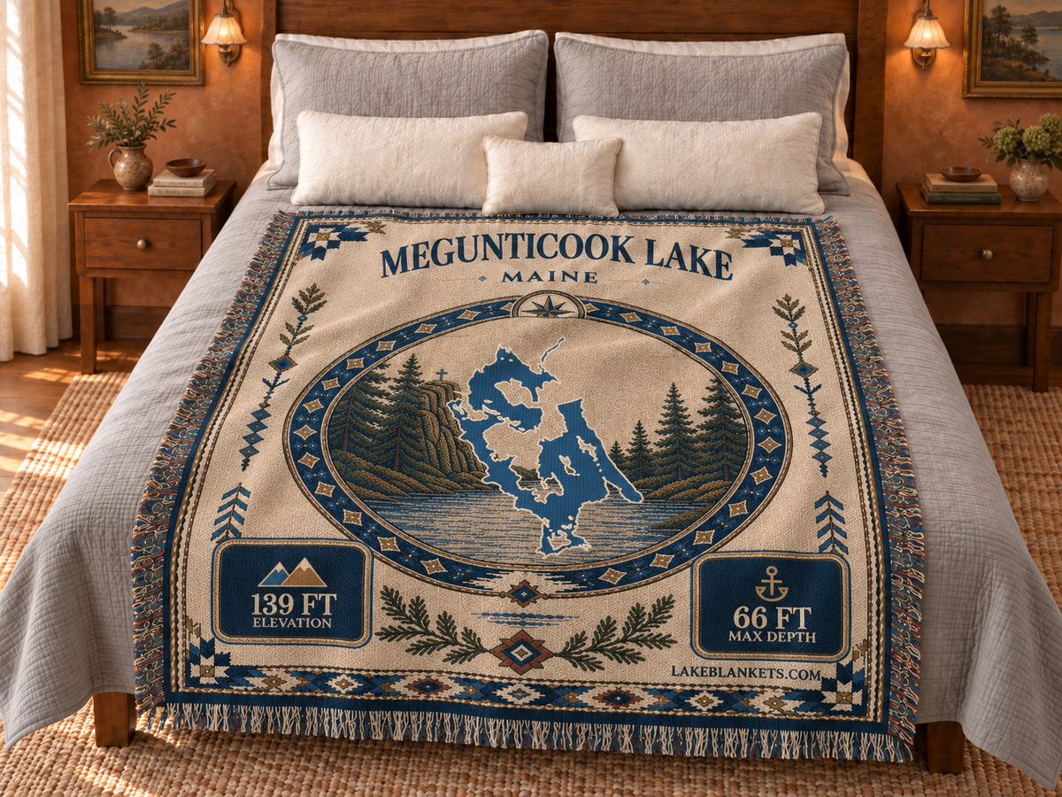 Megunticook Lake Woven Landmark Medallion blanket displayed on a bed