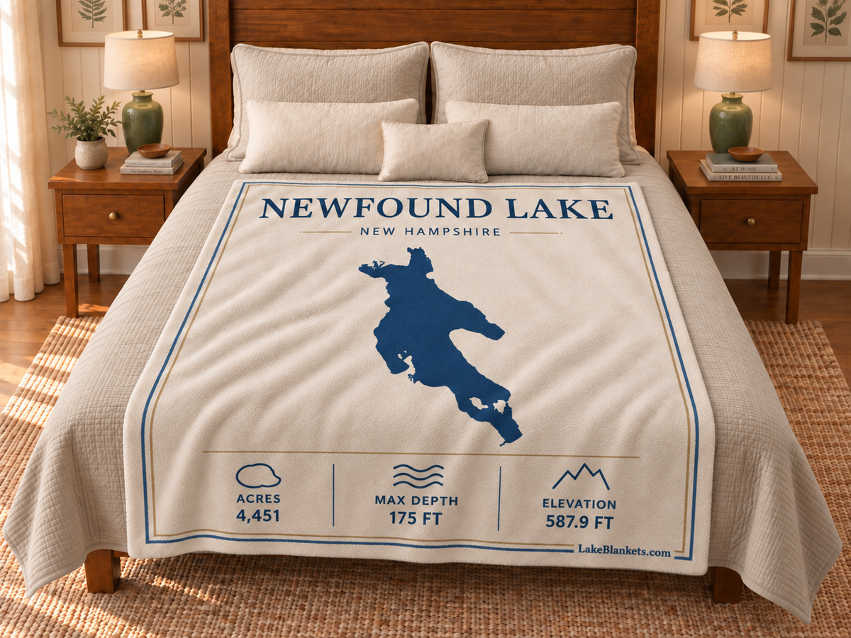Newfound Lake Minimalist blanket displayed on a bed