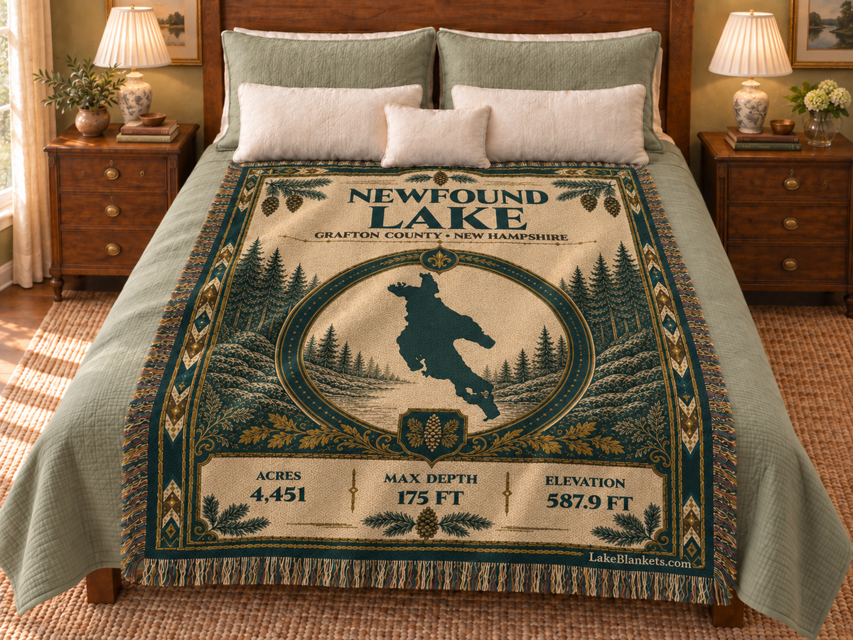 Newfound Lake Woven Heritage blanket displayed on a bed