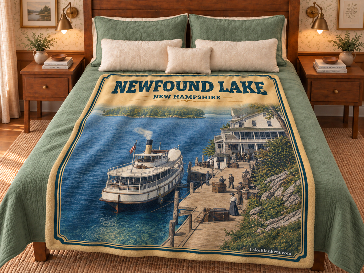 Newfound Lake Photoesc blanket displayed on a bed