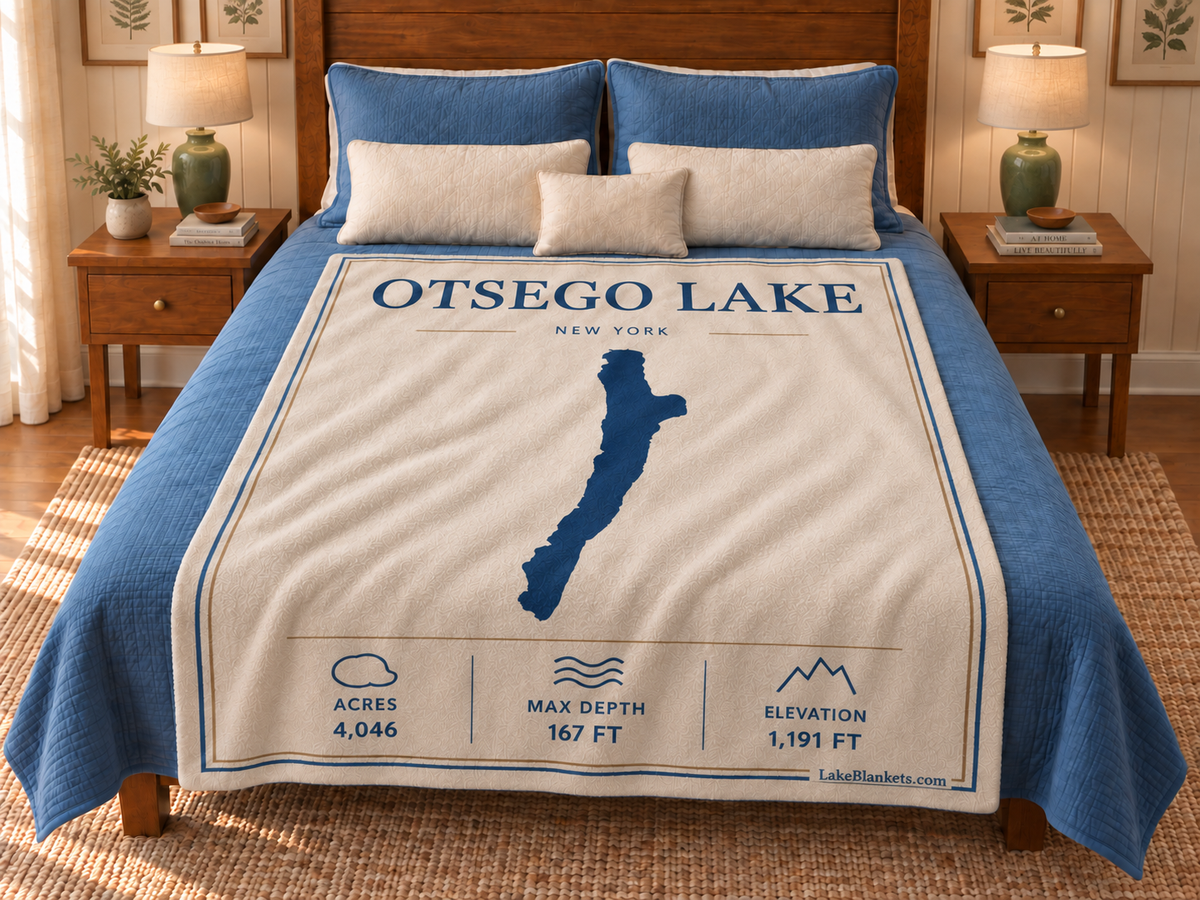 Otsego Lake Minimalist blanket displayed on a bed