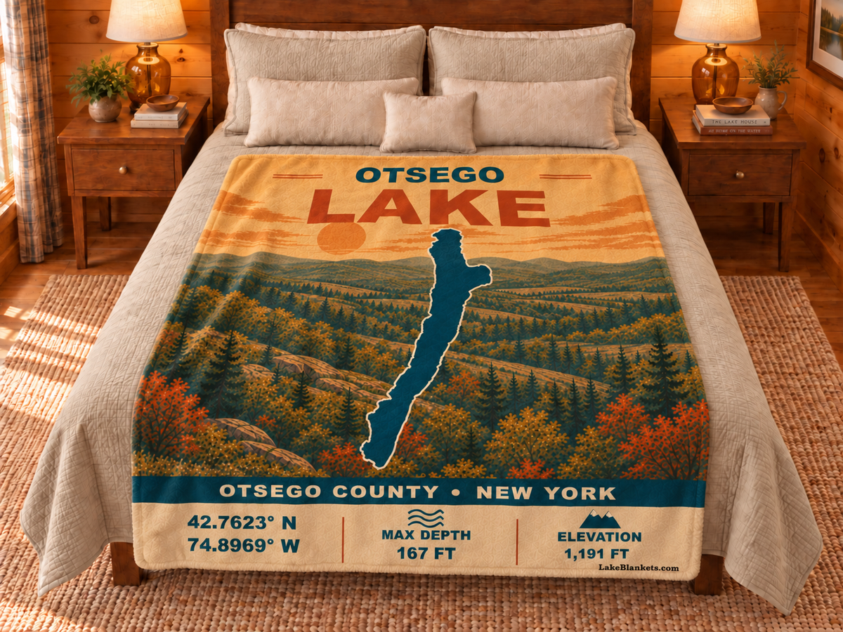 Otsego Lake Vintage blanket displayed on a bed