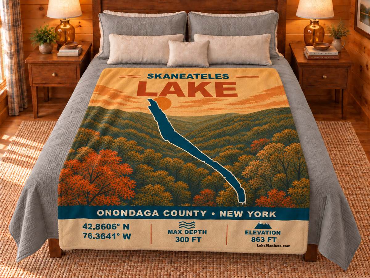 Skaneateles Lake Vintage blanket displayed on a bed