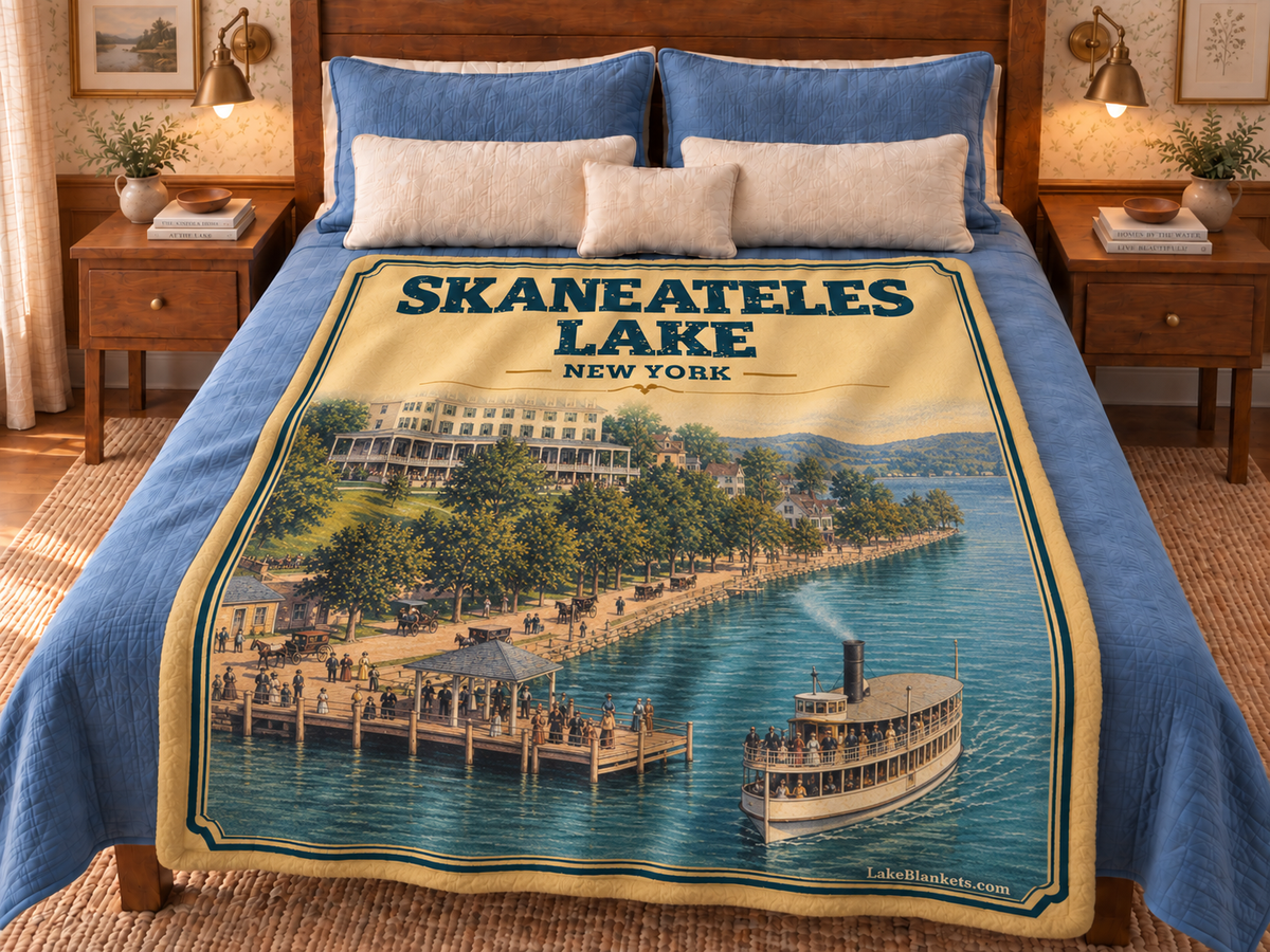 Skaneateles Lake Photoesc blanket displayed on a bed