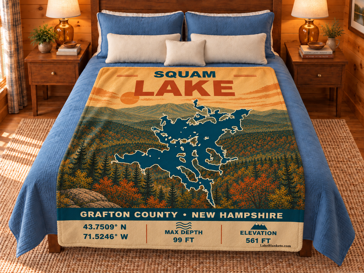 Squam Lake Vintage blanket displayed on a bed