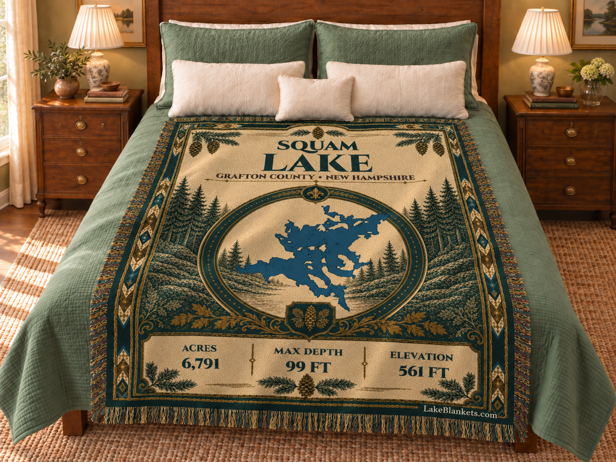Squam Lake Woven Heritage blanket displayed on a bed