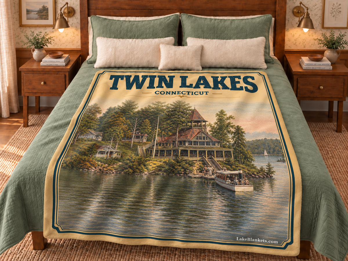 Twin Lakes (Washinee / Washining) Photoesc blanket displayed on a bed
