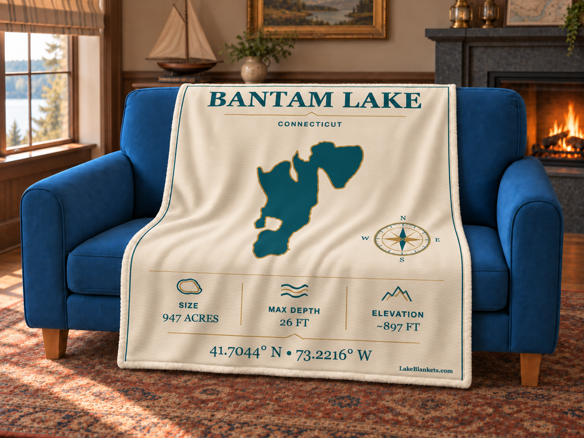 Bantam Lake Minimalist Navigation blanket draped over a couch