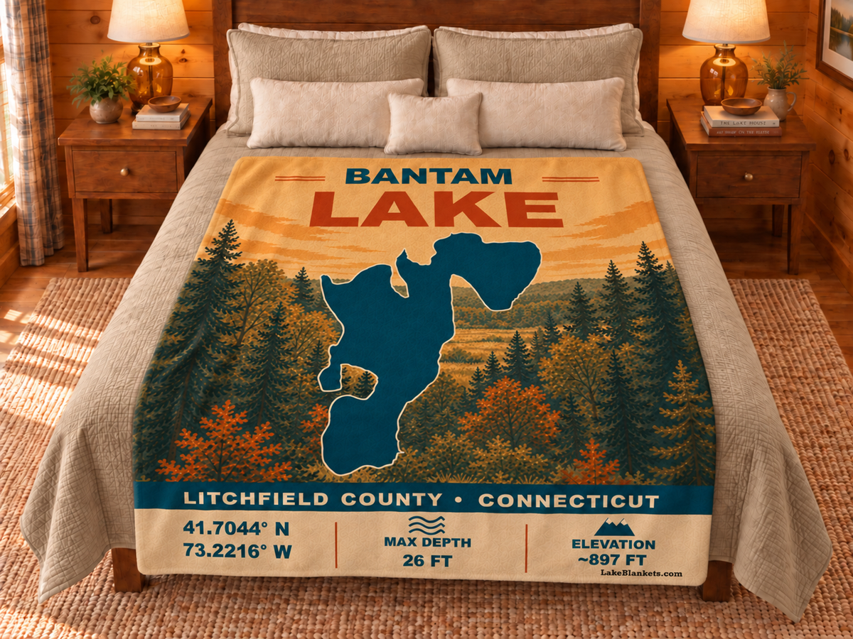 Bantam Lake Vintage blanket displayed on a bed