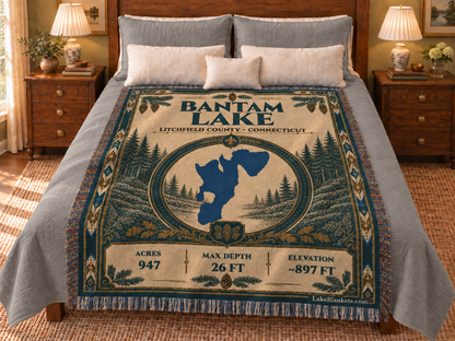 Bantam Lake Woven Heritage blanket displayed on a bed