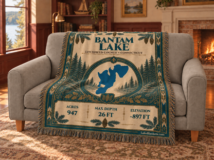 Bantam Lake Woven Heritage blanket draped over a couch