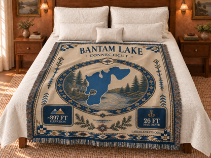 Bantam Lake Woven Landmark Medallion blanket displayed on a bed