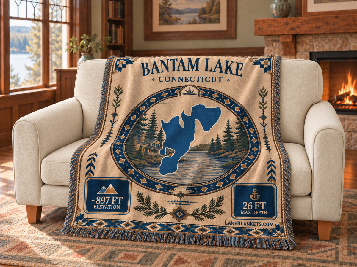 Bantam Lake Woven Landmark Medallion blanket draped over a couch