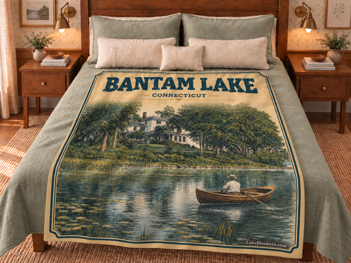 Bantam Lake Photoesc blanket displayed on a bed