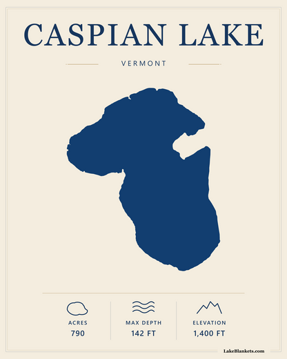 Caspian Lake Vermont minimalist fleece blanket with exact two-lobed lake silhouette and verified acreage, maximum depth, and elevation