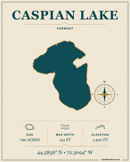 Caspian Lake Vermont navigation fleece blanket with exact connected-basin lake silhouette, compass, coordinates, and verified facts