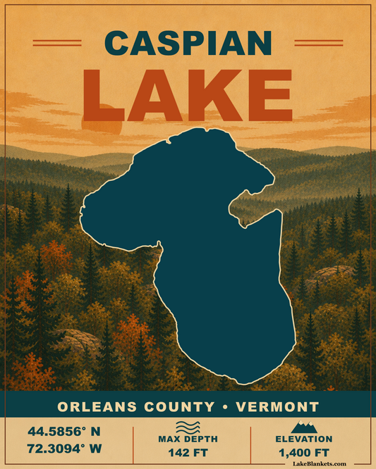 Caspian Lake Vermont vintage sherpa blanket with exact connected-basin lake silhouette, autumn regional landscape, coordinates, depth, and elevation