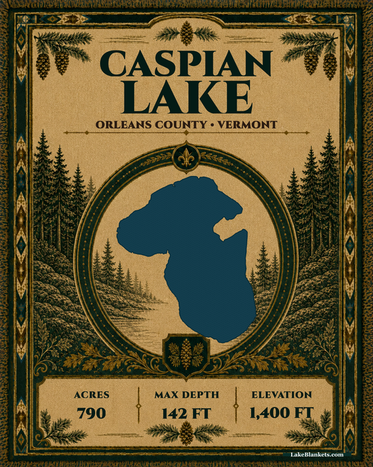 Caspian Lake Vermont woven heritage blanket with exact connected-basin lake silhouette, ornamental woodland medallion, verified facts, and decorative border