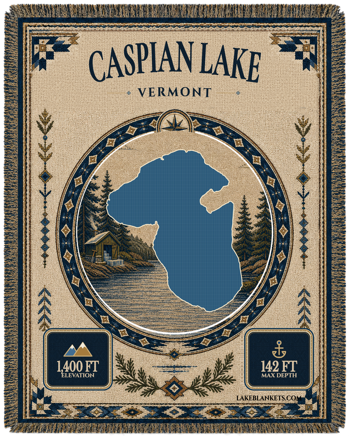Caspian Lake Vermont landmark woven blanket with exact connected-basin lake silhouette, original ice-harvest heritage scene, depth, elevation, border, and fringe
