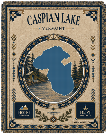 Caspian Lake Vermont landmark woven blanket with exact connected-basin lake silhouette, original ice-harvest heritage scene, depth, elevation, border, and fringe
