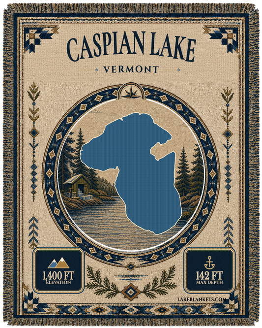 Caspian Lake Vermont landmark woven blanket with exact connected-basin lake silhouette, original ice-harvest heritage scene, depth, elevation, border, and fringe