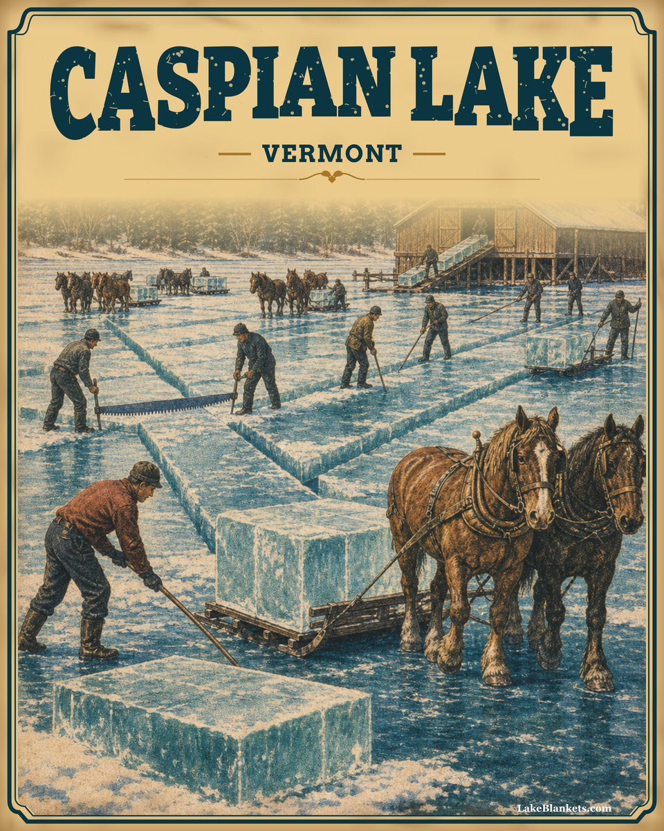 Caspian Lake Vermont sherpa blanket with vintage postcard scene of the 1930 ice harvest, horse teams, workers, blue ice blocks, and timber ice house