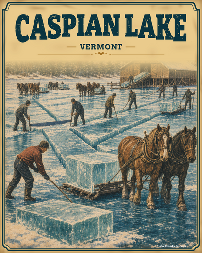 Caspian Lake Vermont sherpa blanket with vintage postcard scene of the 1930 ice harvest, horse teams, workers, blue ice blocks, and timber ice house