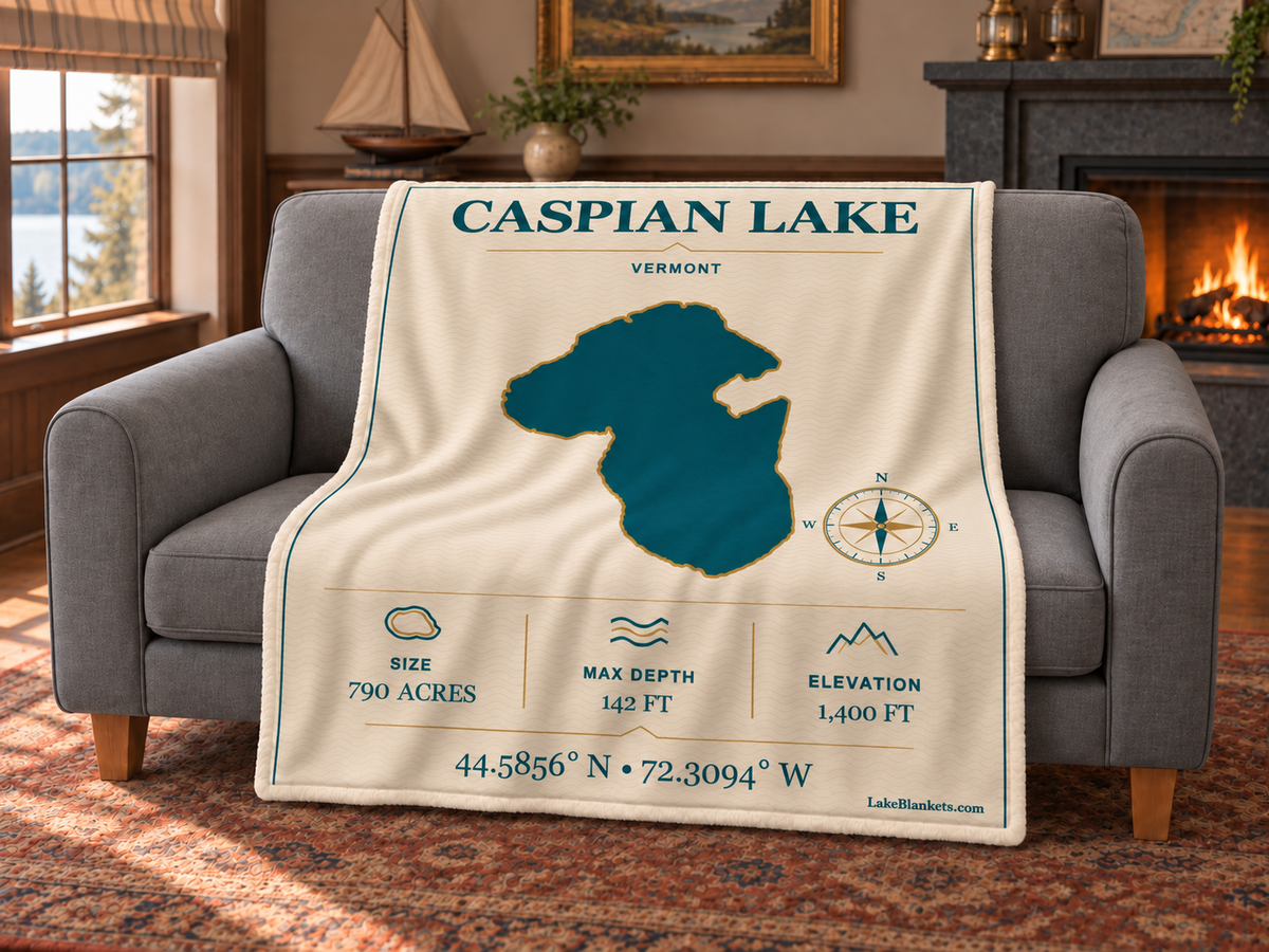 Caspian Lake Minimalist Navigation blanket draped over a couch