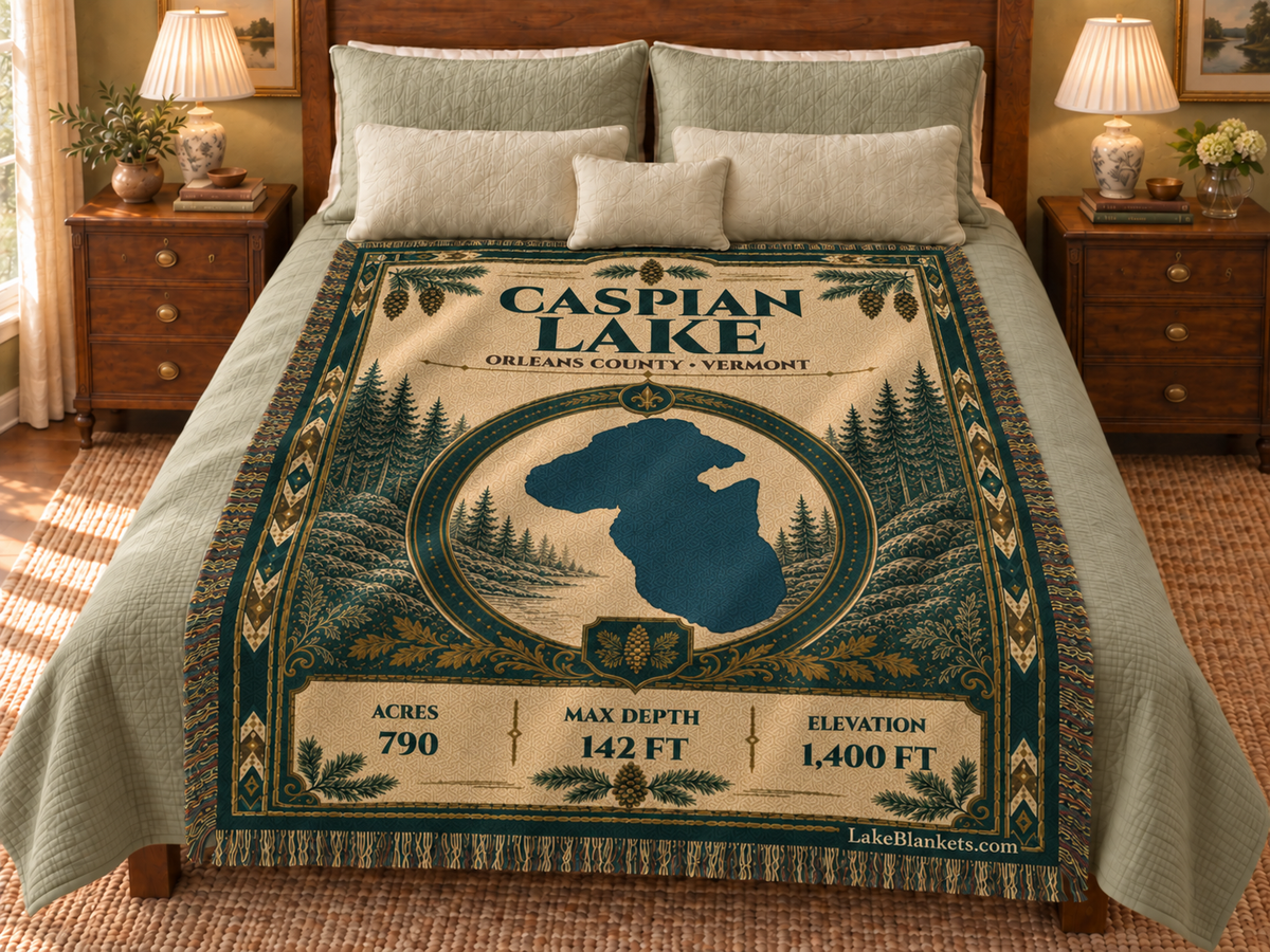 Caspian Lake Woven Heritage blanket displayed on a bed