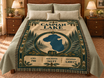 Caspian Lake Woven Heritage blanket displayed on a bed