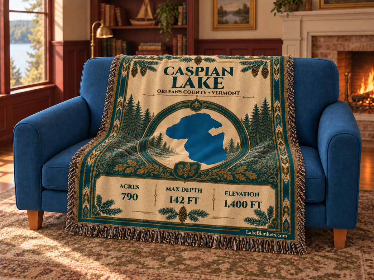 Caspian Lake Woven Heritage blanket draped over a couch