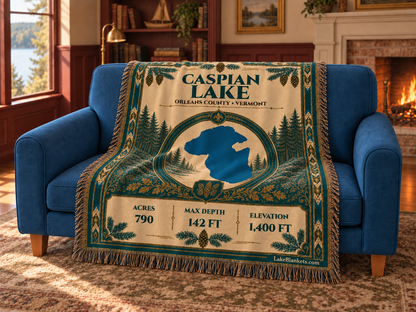 Caspian Lake Woven Heritage blanket draped over a couch