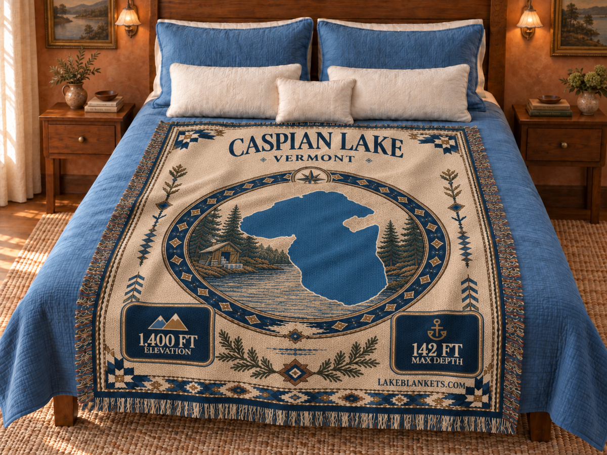 Caspian Lake Woven Landmark Medallion blanket displayed on a bed