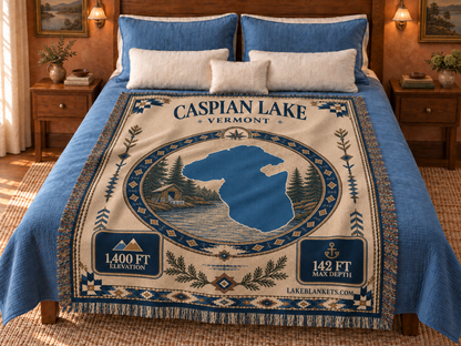 Caspian Lake Woven Landmark Medallion blanket displayed on a bed