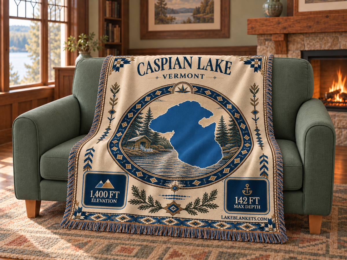 Caspian Lake Woven Landmark Medallion blanket draped over a couch