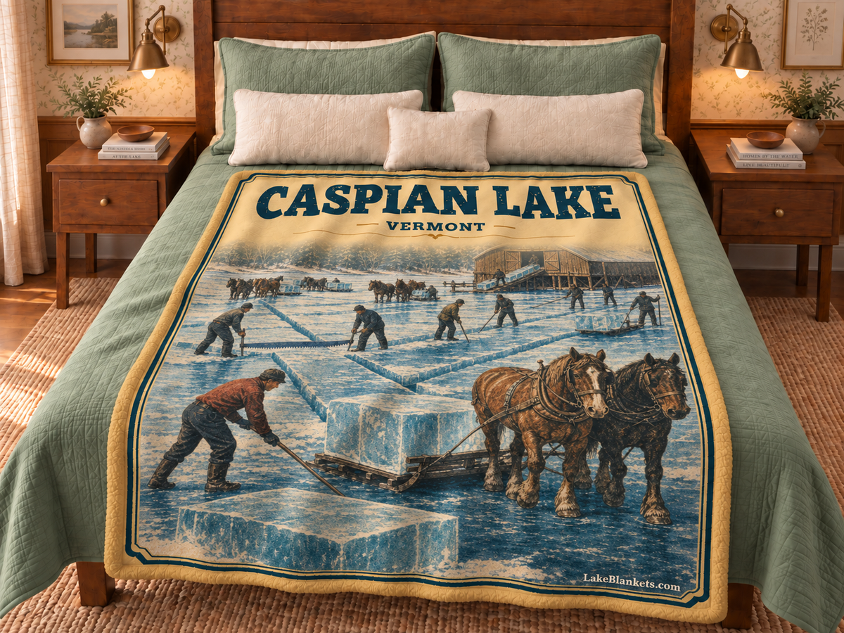 Caspian Lake Photoesc blanket displayed on a bed